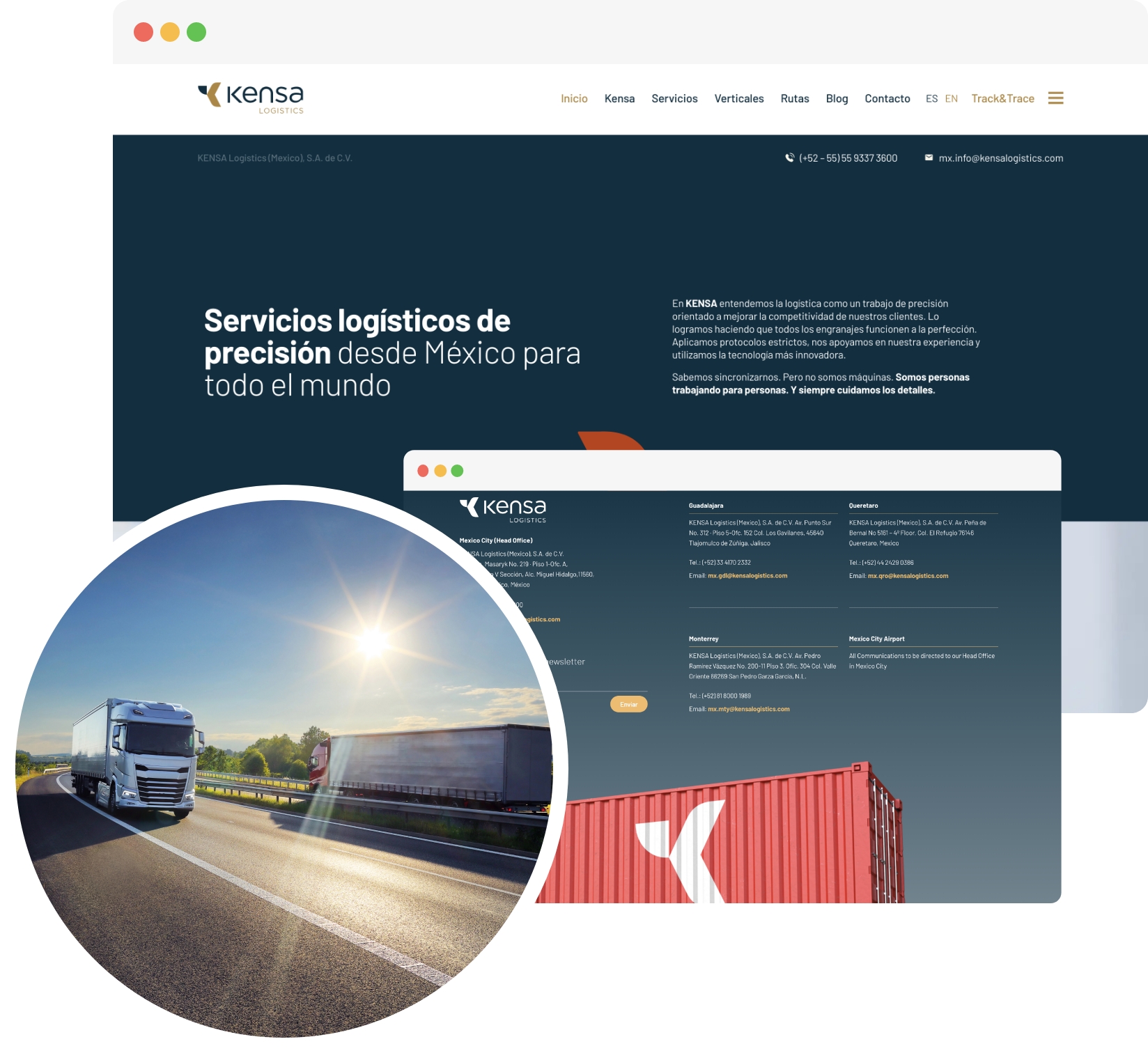Página web de Kensa Logistics con servicios logísticos internacionales y camión en carretera.