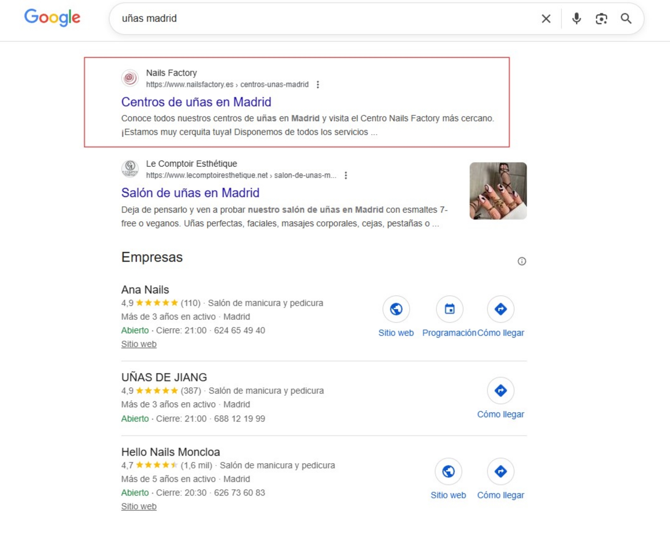 Captura de la la búsqueda en Google de 'uñas madrid' destacando la primera posición de Nails Factory